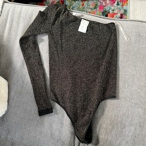 One shoulder long sleeve black and gold sparkly bodysuit